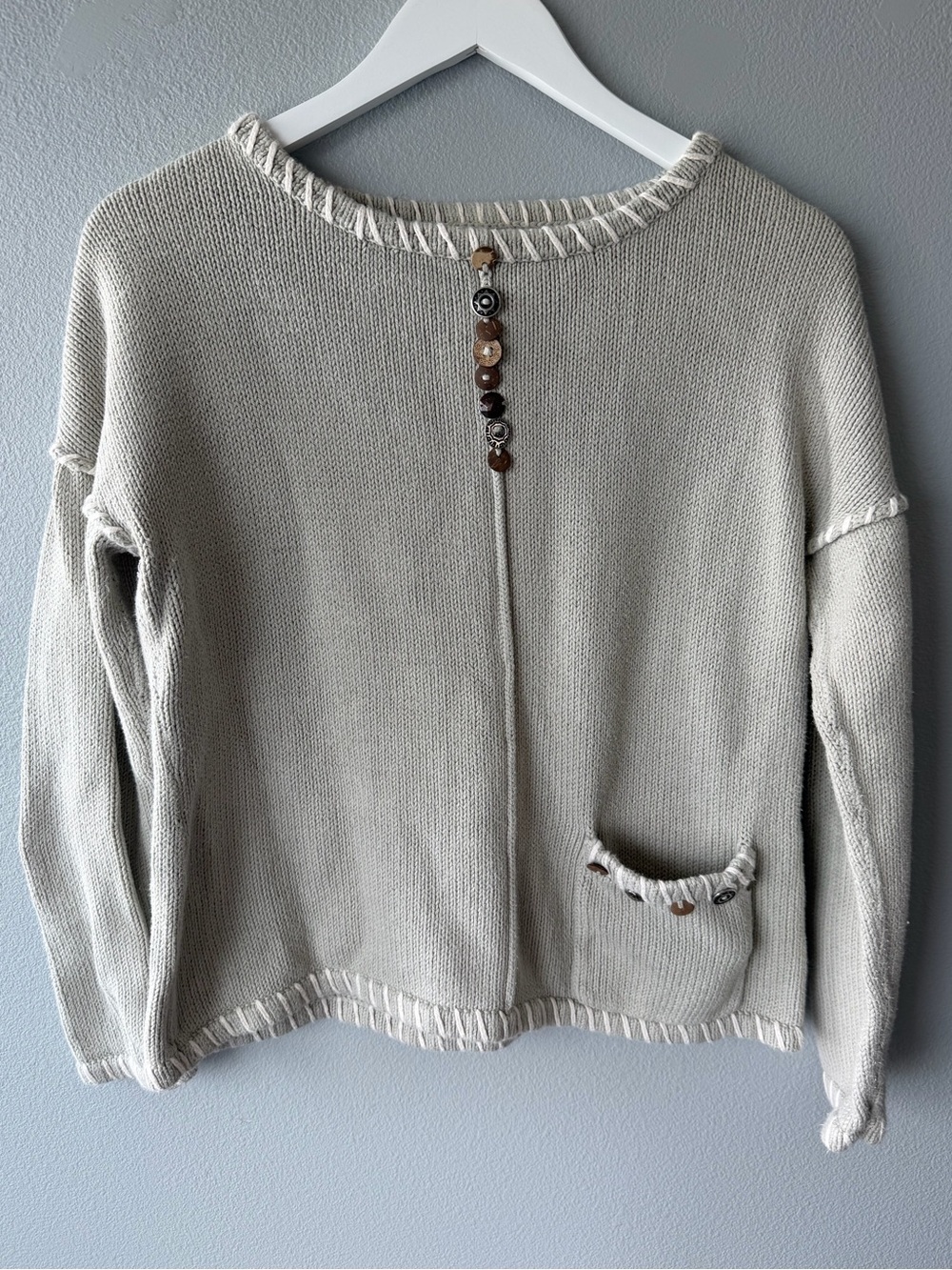 Pure Handknit grey Lagenlook 100% cotton long sleeve sweater Women’s sz M/L